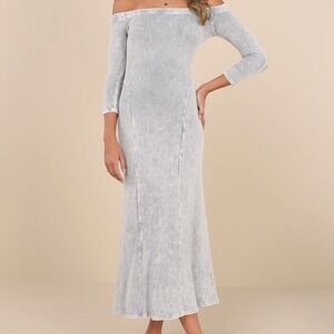 Lulus Remarkably Cool Washed Grey Ribbed Off Shoulder Midi Dress NWT L Stretchy